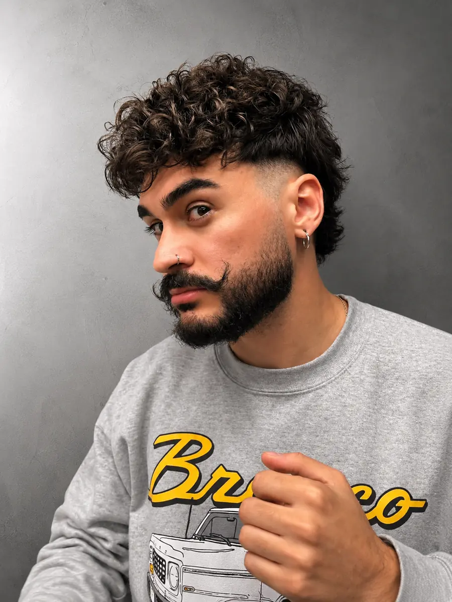 Corte masculino rizado con barba